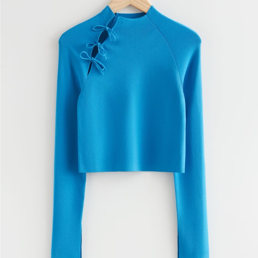 & Other Stories Bright Blue Cropped Long-Sleeve Top with Tie Detail